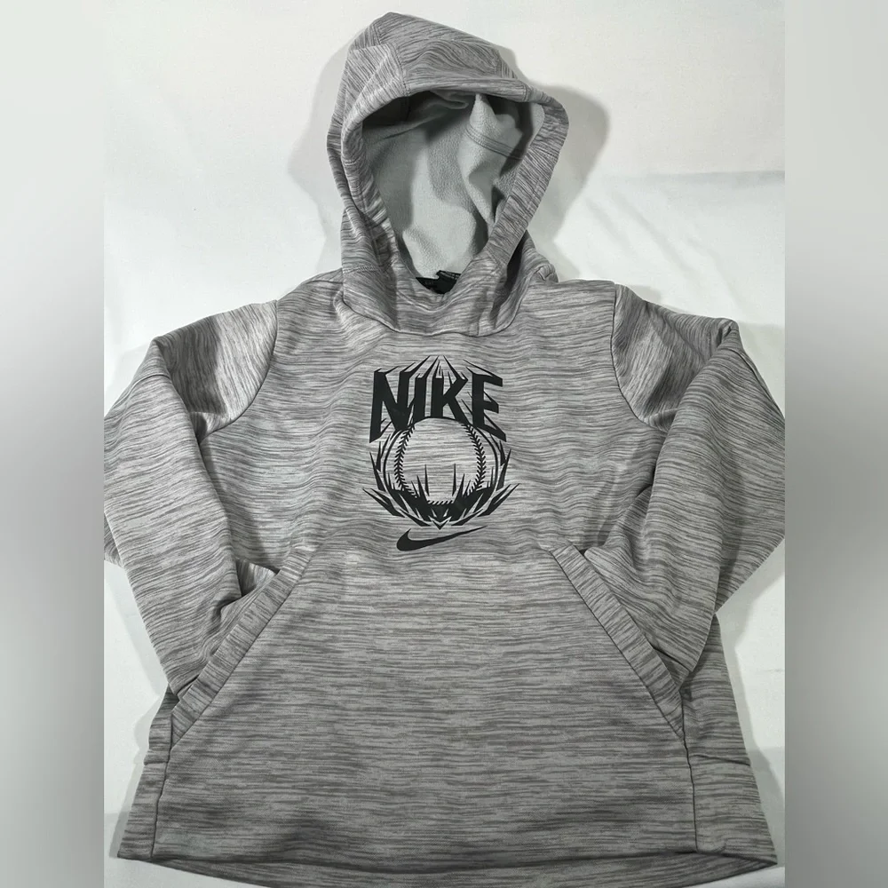 NIKE DRI FIT BOY FLEECE ATHLETIC PULLOVER HOODIE YOUTH GRAY BLACK GRAPHIC XS A97